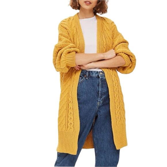 Topshop Cardigan Sweater Long Chunky Cable Knit Open Front Yellow Women’s Size 4 - Picture 1 of 12
